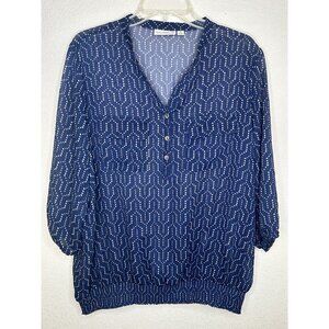 Susan Graver Top 1X Blue Tan Dots Sheer Geometric Popover Pockets 3/4 Sleeve
